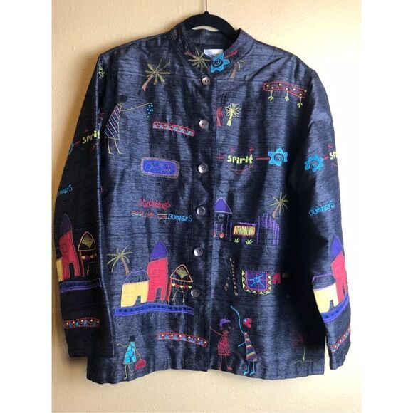 Chico's Design Button Up Jacket Embordered Long Sleeve Women's Silk SZ 2 - Picture 3 of 15